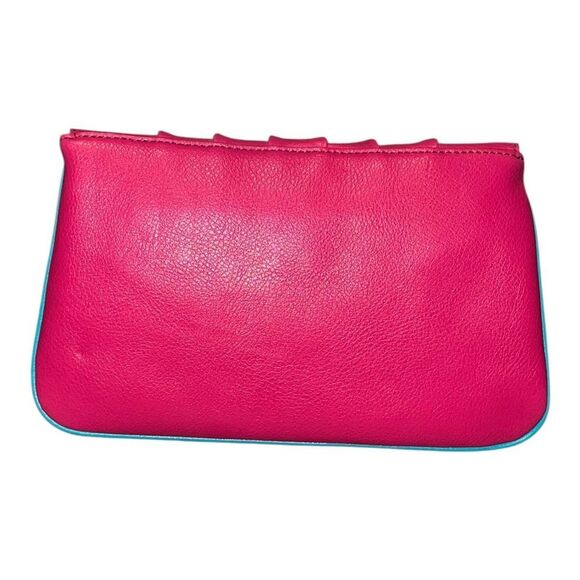 Baekgaard Genuine Leather Gathered Clutch Bag Azalea Pink & Turquoise NWT - Picture 2 of 5